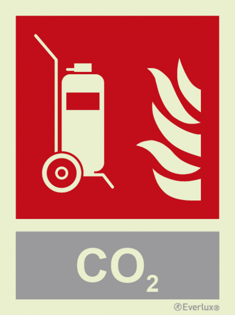 Wheeled fire extinguisher sign with integrated CO2 fire extinguishing agent ID sign - S 22 51