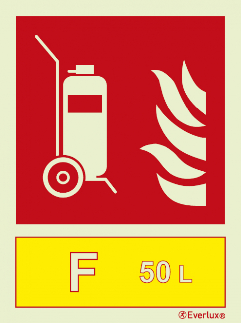 Wheeled fire extinguisher sign with integrated 50 L Foam fire extinguishing agent ID sign - S 22 56