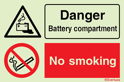 Danger battery compartment | No smoking - warning and mandatory action sign | IMPA 33.3107 - S 40 69