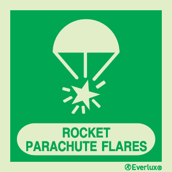 Rocket parachute flares IMO sign with supplementary text - S 43 62