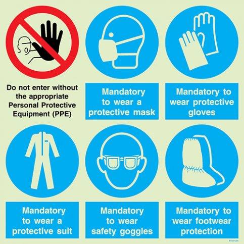 Do not enter without the appropriate Personal Protective Equipment (PPE) composite sign with mandatory action signs enforcing the use of mask, gloves, protective suit, goggles and footwear protection - SC 172